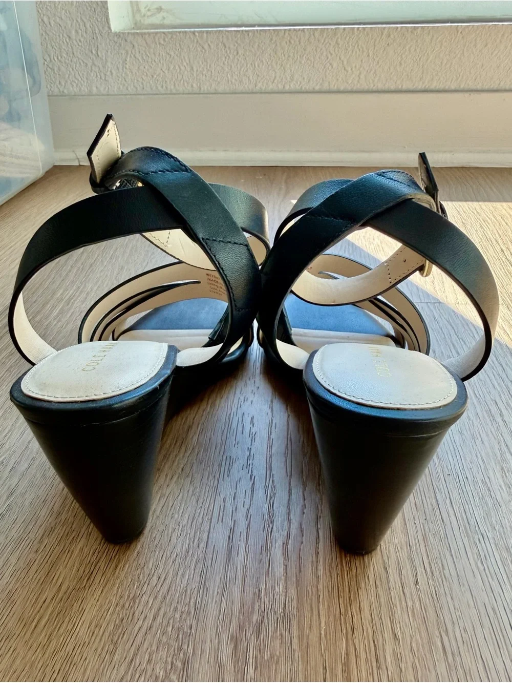 Cole Haan Black Leather Wedge Sandals with Ankle Buckle